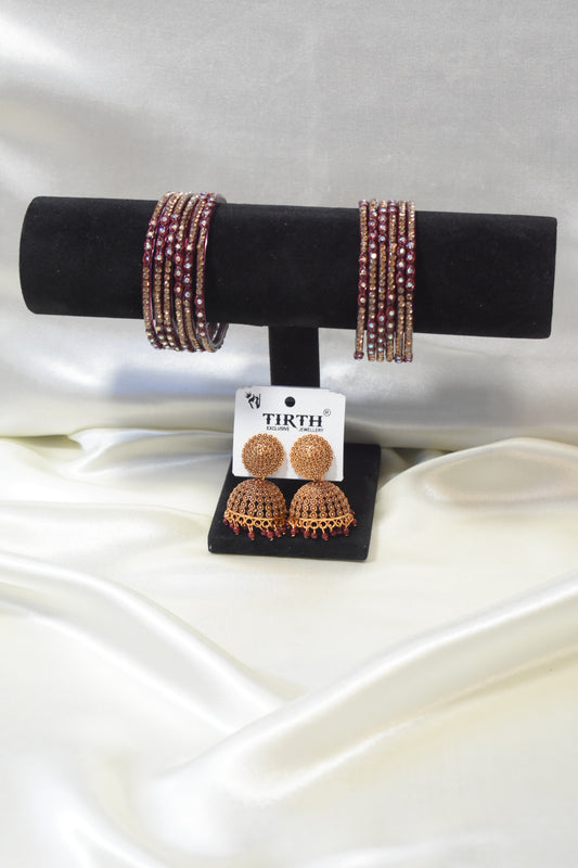 Burgundy Glass Bangle and Matching Jhumka Set