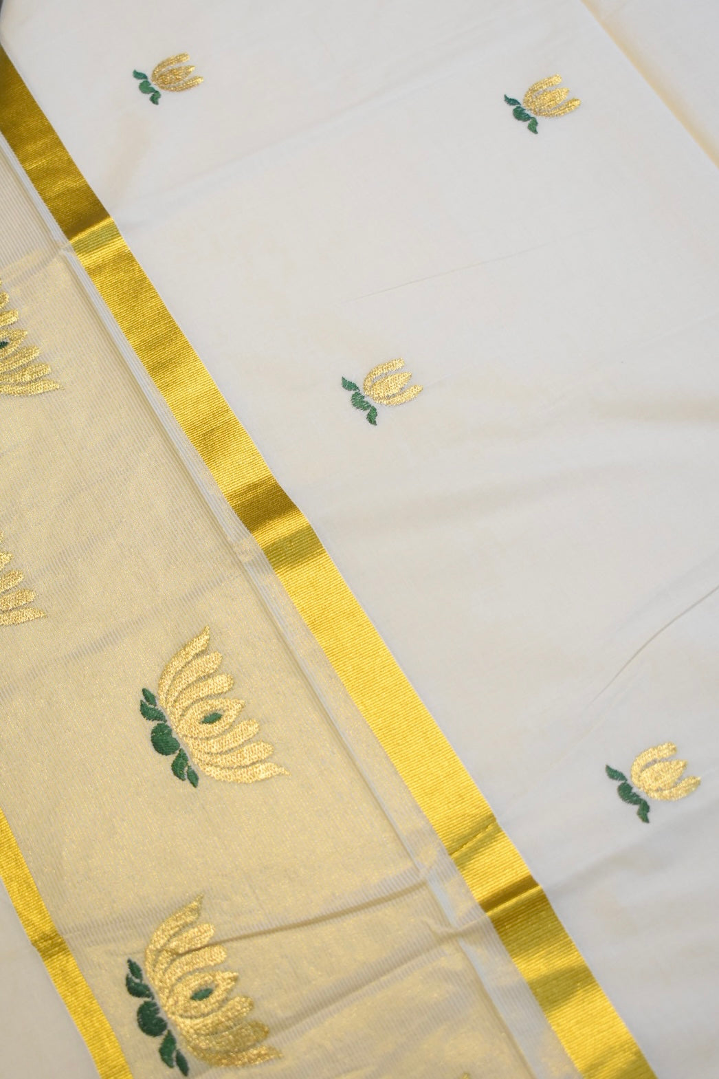 Gold Lotus Cotton Set Saree with Green Detailing