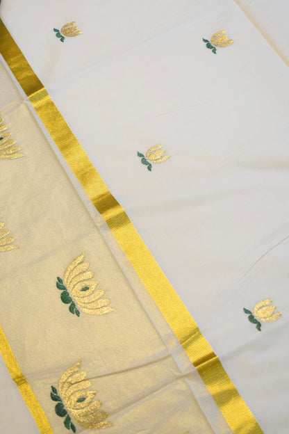 Gold Lotus Cotton Set Saree with Green Detailing