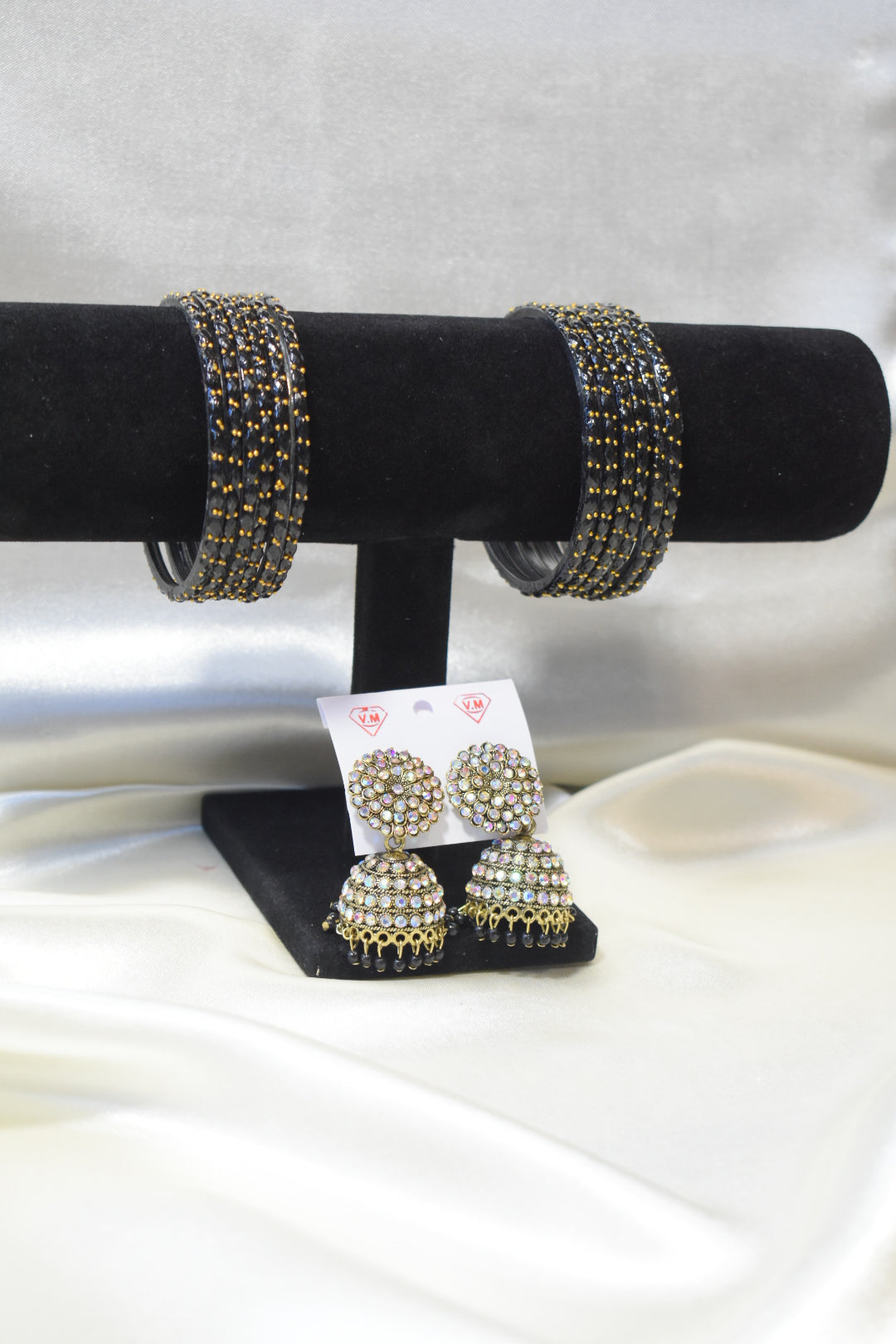 Black Glass Bangle and Matching Jhumka Set