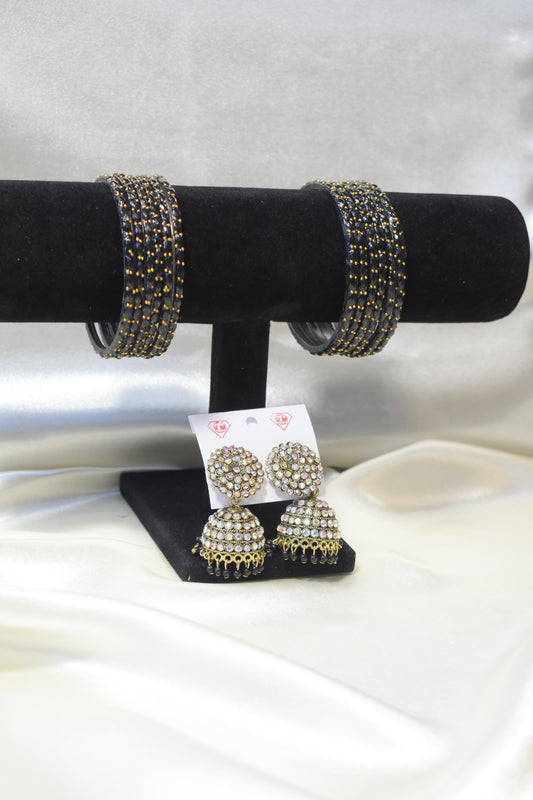 Black Glass Bangle and Matching Jhumka Set