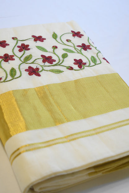 Burgundy Floral Embroidered Set Saree