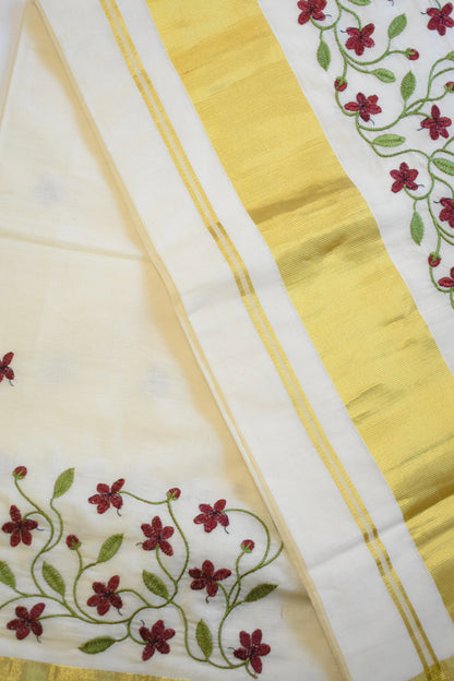 Burgundy Floral Embroidered Set Saree