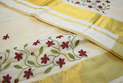 Burgundy Floral Embroidered Set Saree