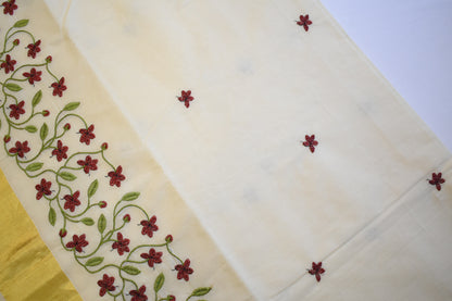 Burgundy Floral Embroidered Set Saree