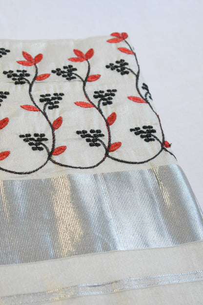 Silver Tissue Set Saree with Black & Red Floral Embroidery