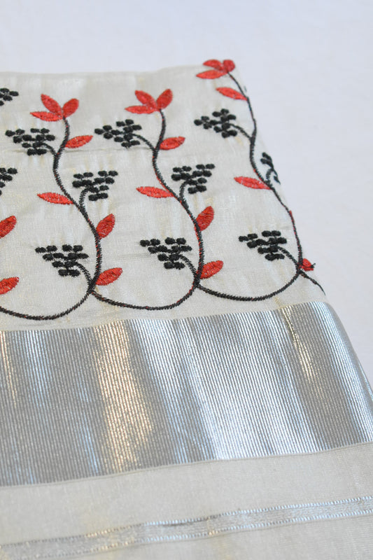Silver Tissue Set Saree with Black & Red Floral Embroidery