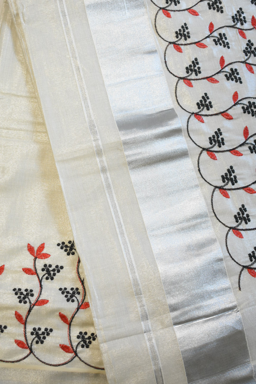 Silver Tissue Set Saree with Black & Red Floral Embroidery