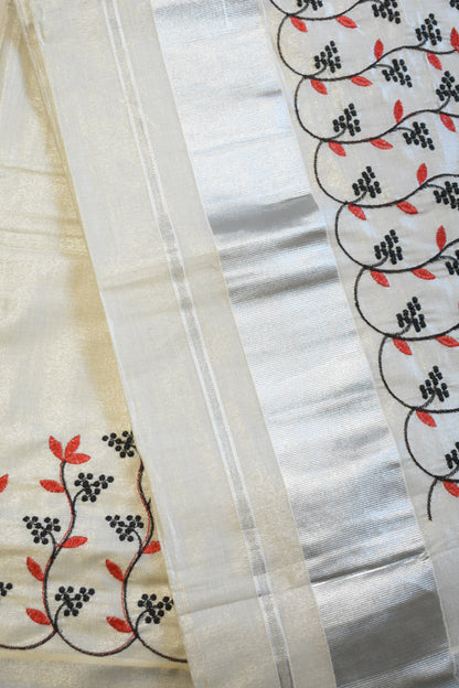 Silver Tissue Set Saree with Black & Red Floral Embroidery