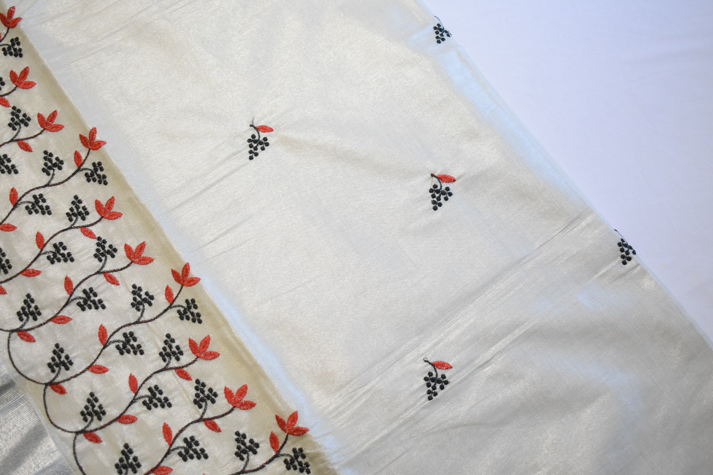 Silver Tissue Set Saree with Black & Red Floral Embroidery