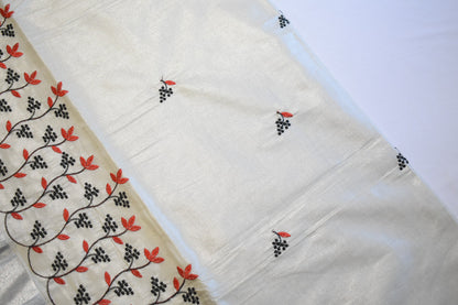 Silver Tissue Set Saree with Black & Red Floral Embroidery