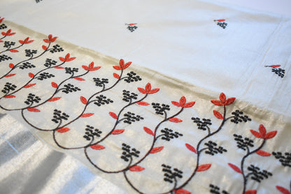 Silver Tissue Set Saree with Black & Red Floral Embroidery