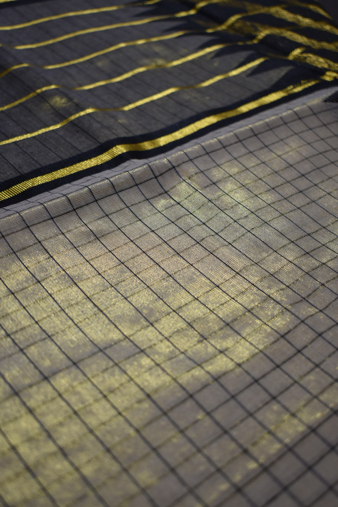 Black & Gold Tissue Set Saree with Checkered Design