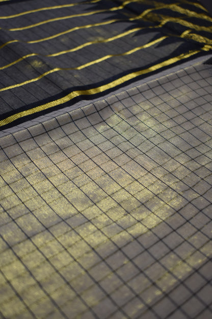 Black & Gold Tissue Set Saree with Checkered Design