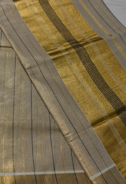Black with Gold Stripe Onam Tissue Set Saree