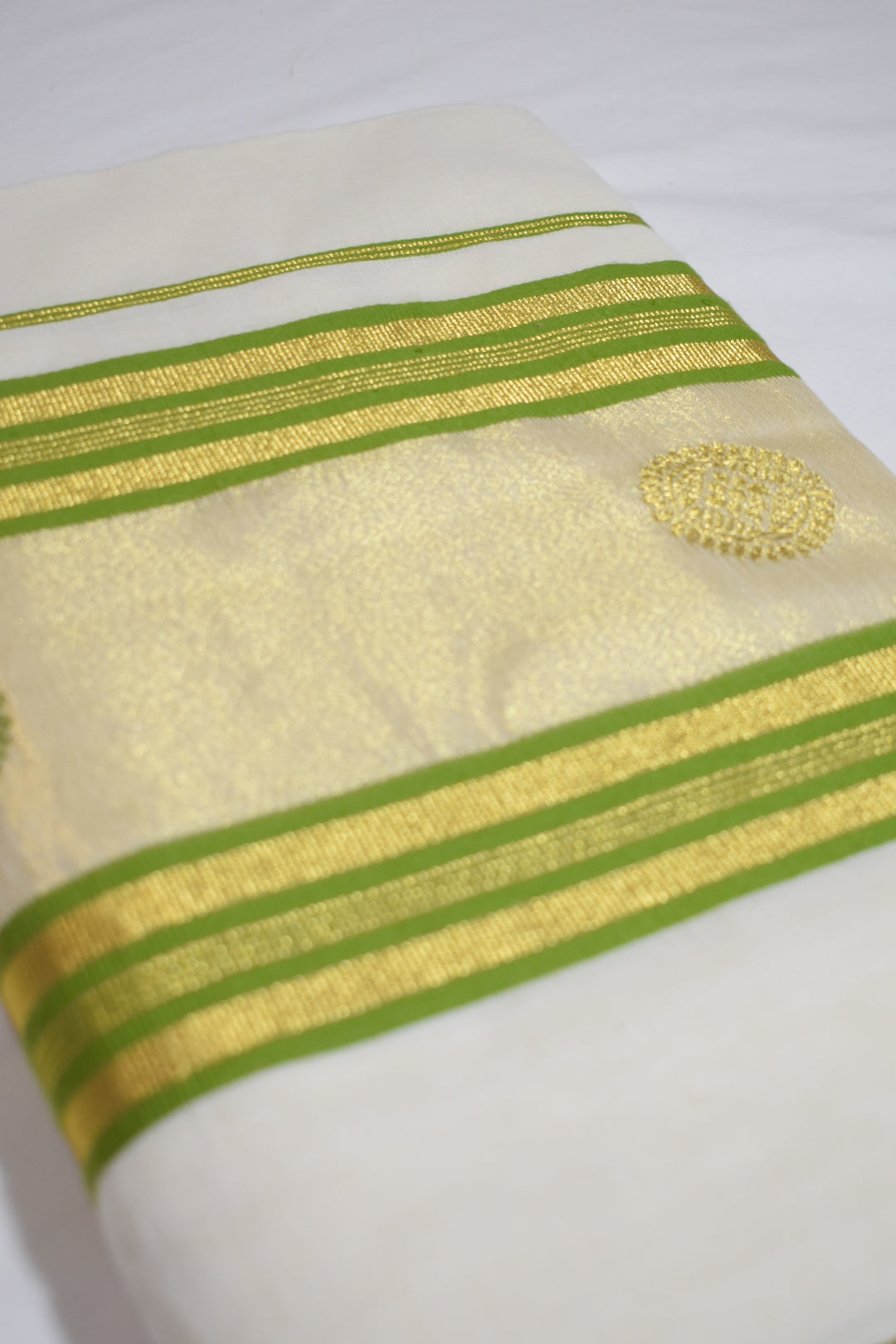 Green & Gold Stripe Cotton Onam Set Saree