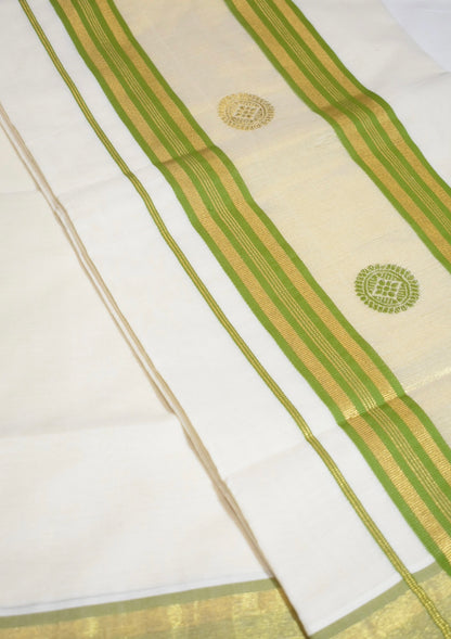 Green & Gold Stripe Cotton Onam Set Saree