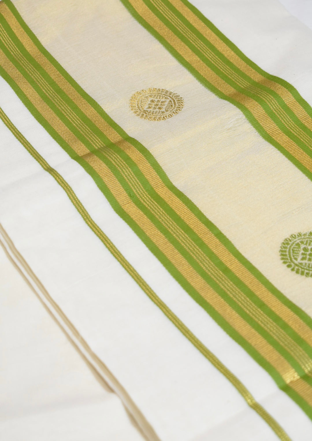 Green & Gold Stripe Cotton Onam Set Saree