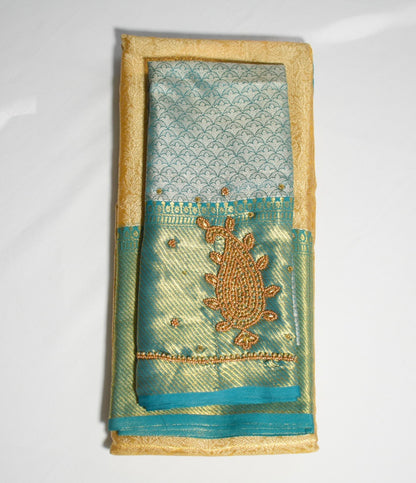 Gold Fancy Saree with Blue Handworked Statement Blouse