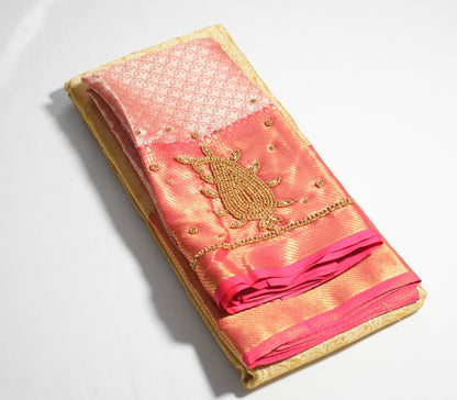 Gold Fancy Saree with Pink Handworked Statement Blouse