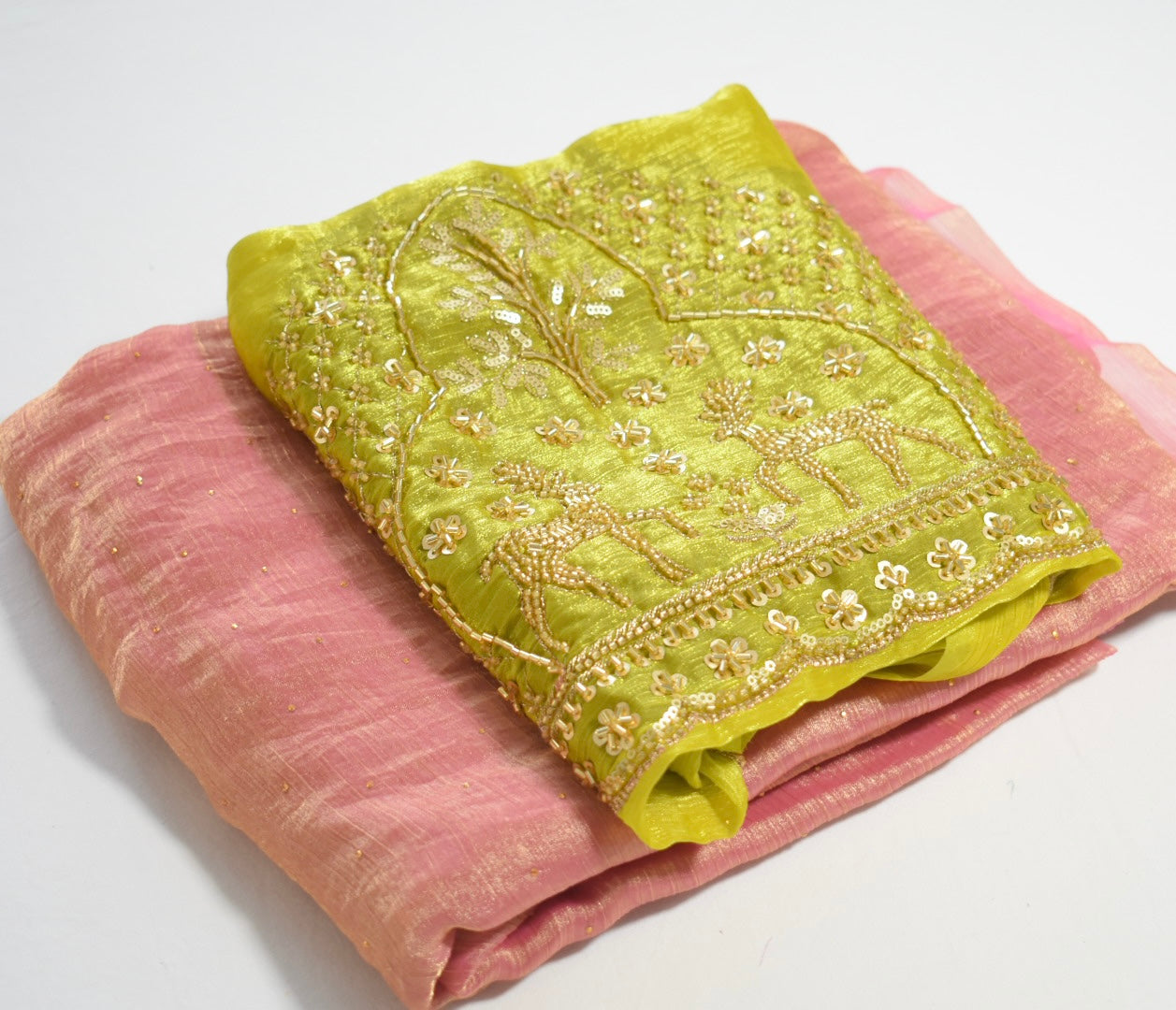 Pink Soft Space Silk Saree with Contrast Green Blouse