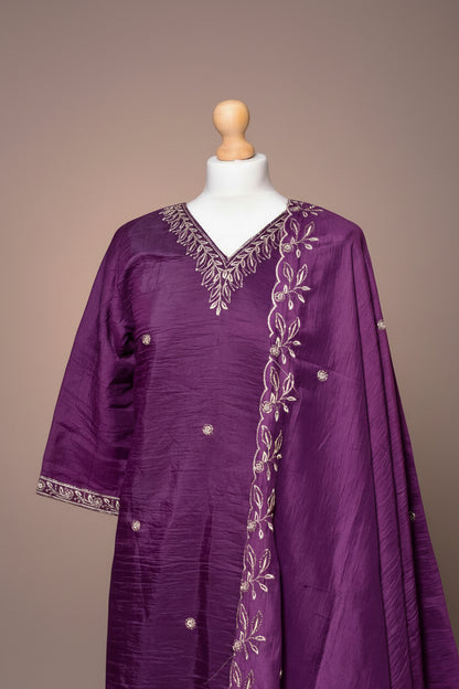 Purple Embroidered V-Neck Churidar Set with Shawl