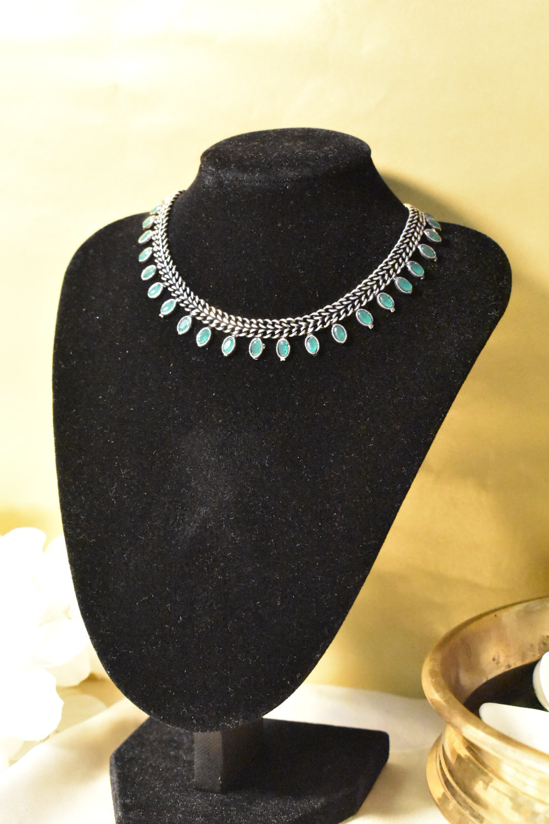 Silver Oxidised Necklace with Mint Green Stones