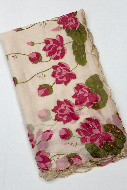 Cream Off-White Floral Tebby Silk Saree with Handwork