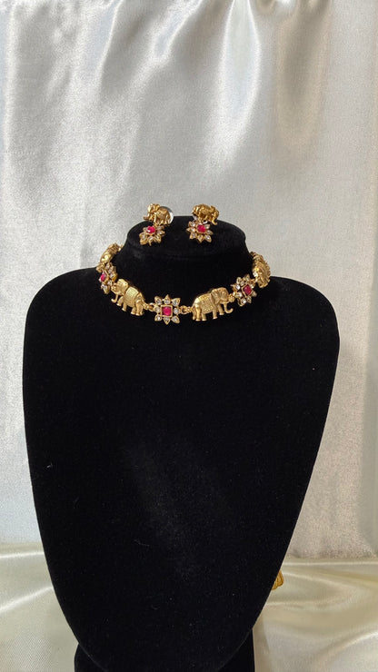 Elephant & Floral Choker Necklace & Earring Set