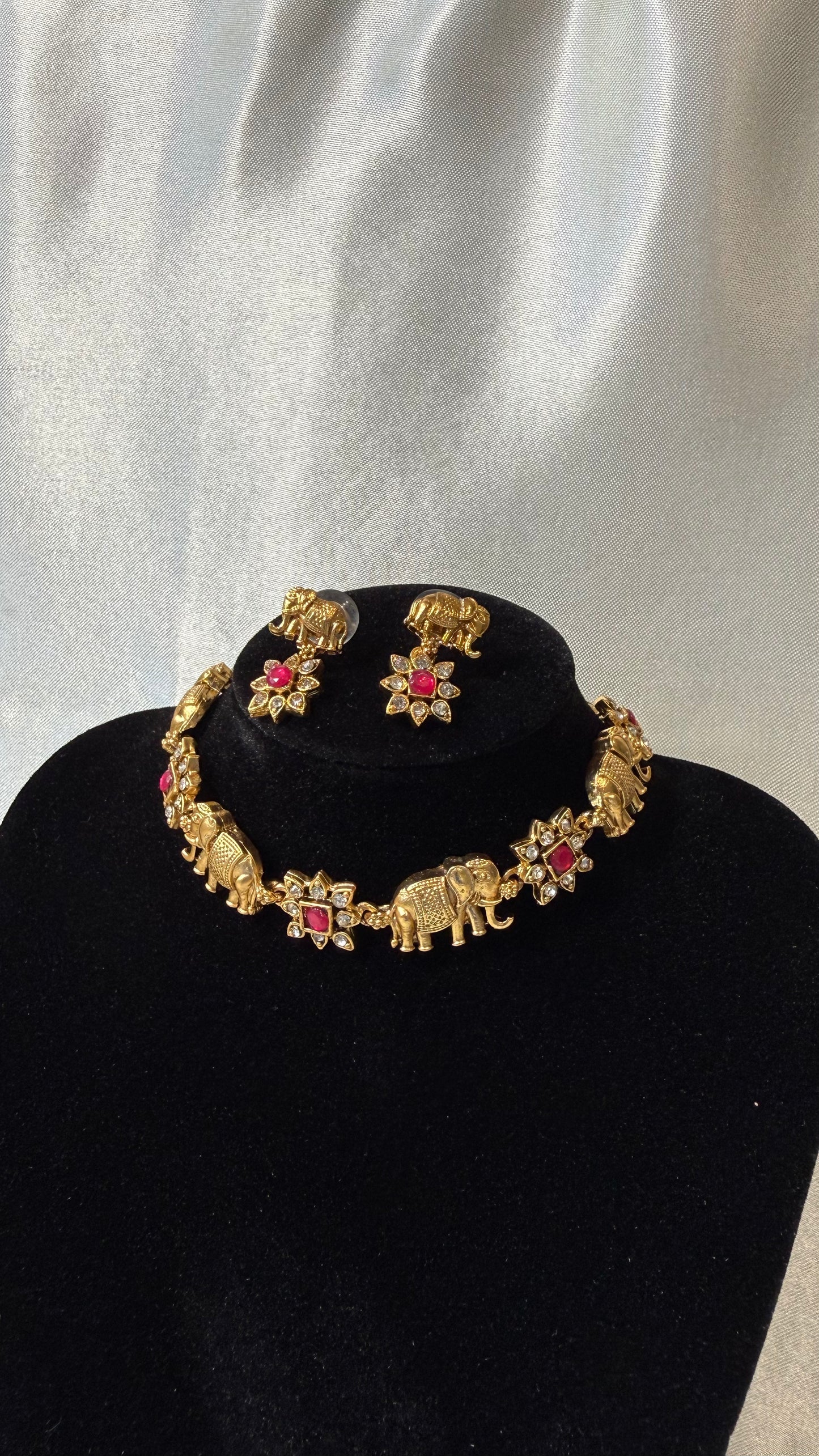 Elephant & Floral Choker Necklace & Earring Set