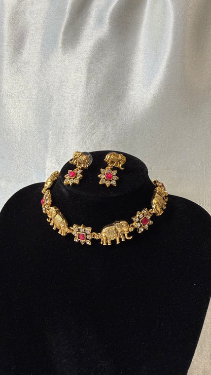 Elephant & Floral Choker Necklace & Earring Set