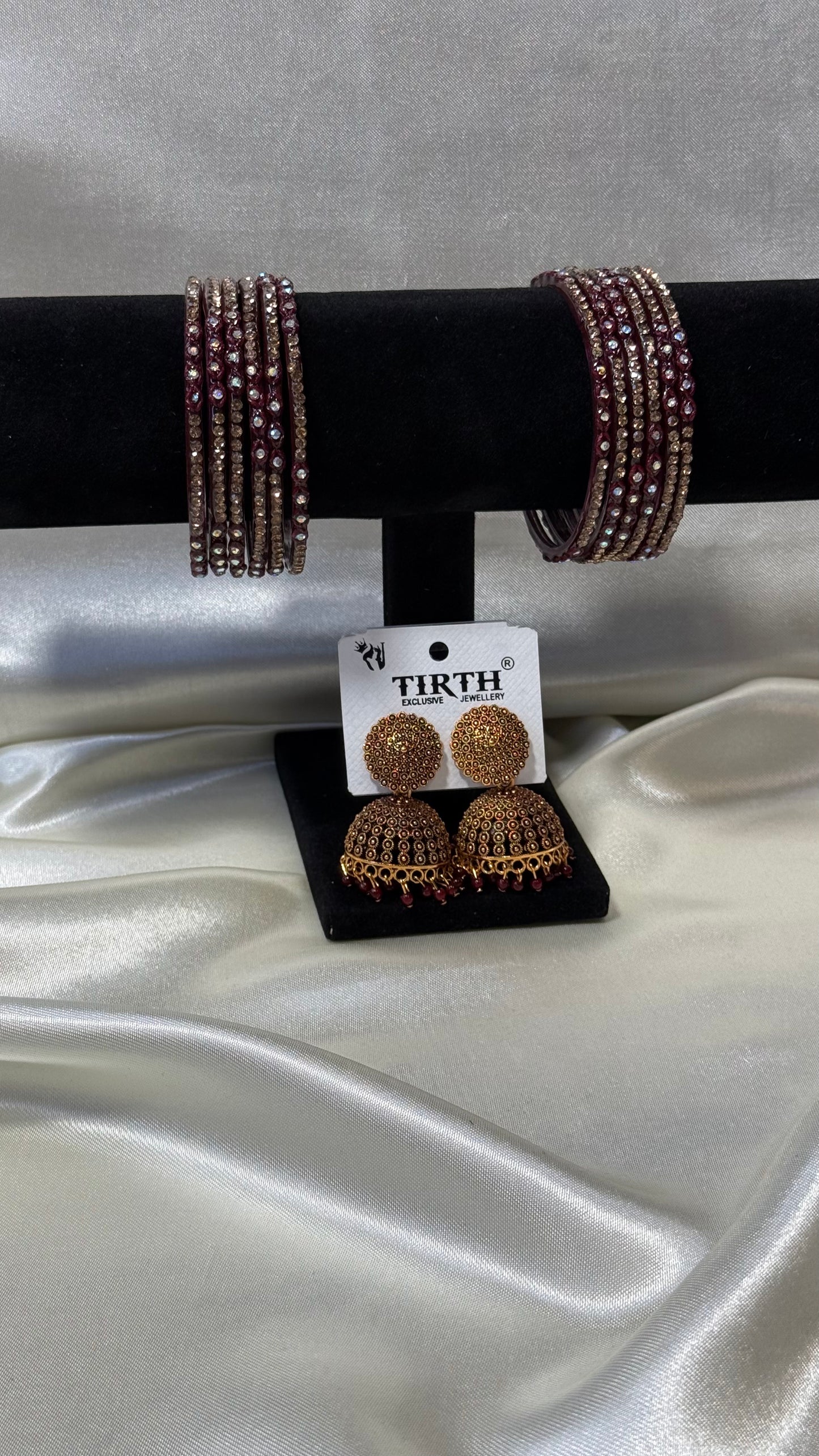Burgundy Glass Bangle and Matching Jhumka Set
