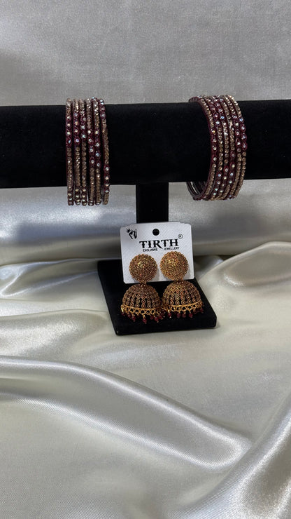 Burgundy Glass Bangle and Matching Jhumka Set