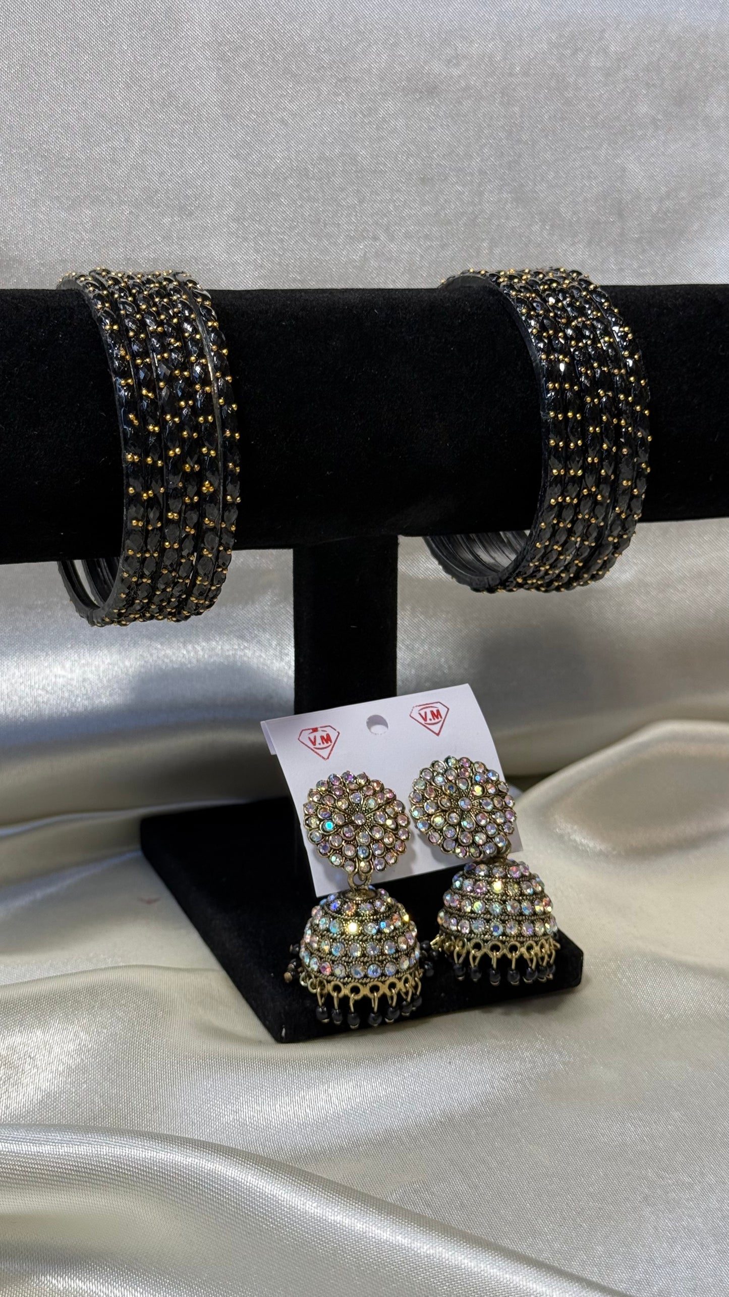 Black Glass Bangle and Matching Jhumka Set
