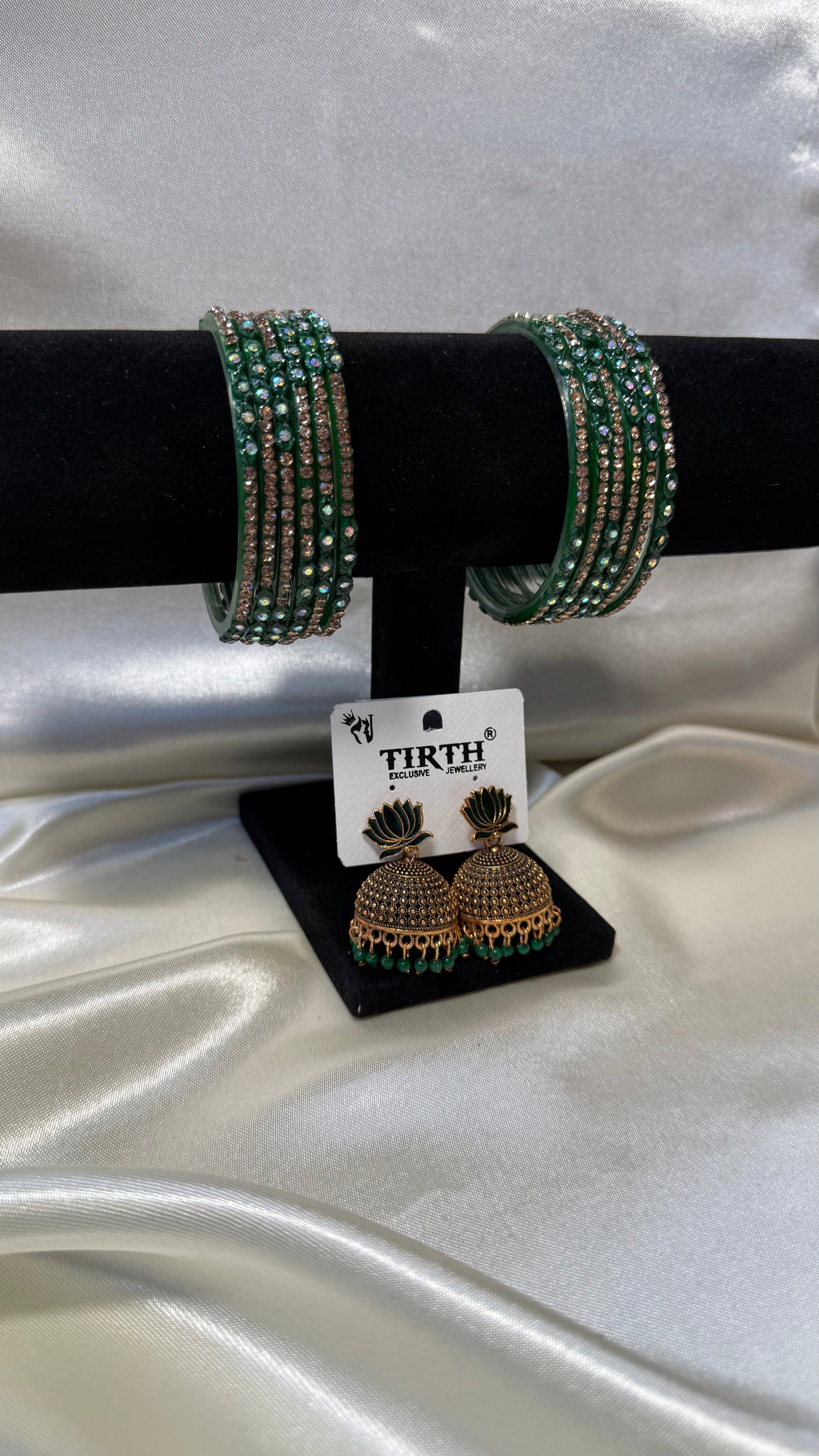 Green Glass Bangle and Matching Jhumka Set