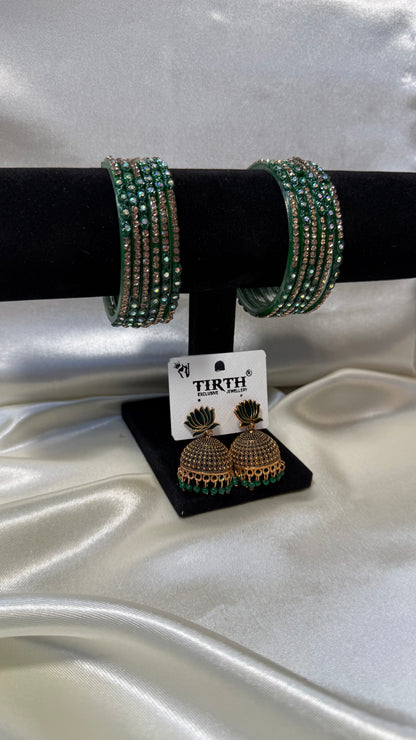 Green Glass Bangle and Matching Jhumka Set