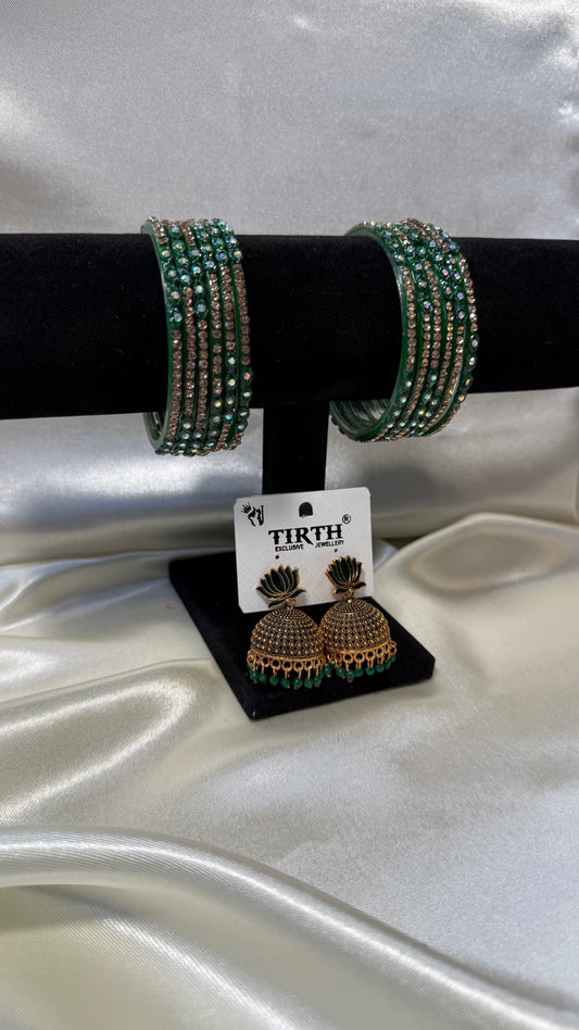 Green Glass Bangle and Matching Jhumka Set
