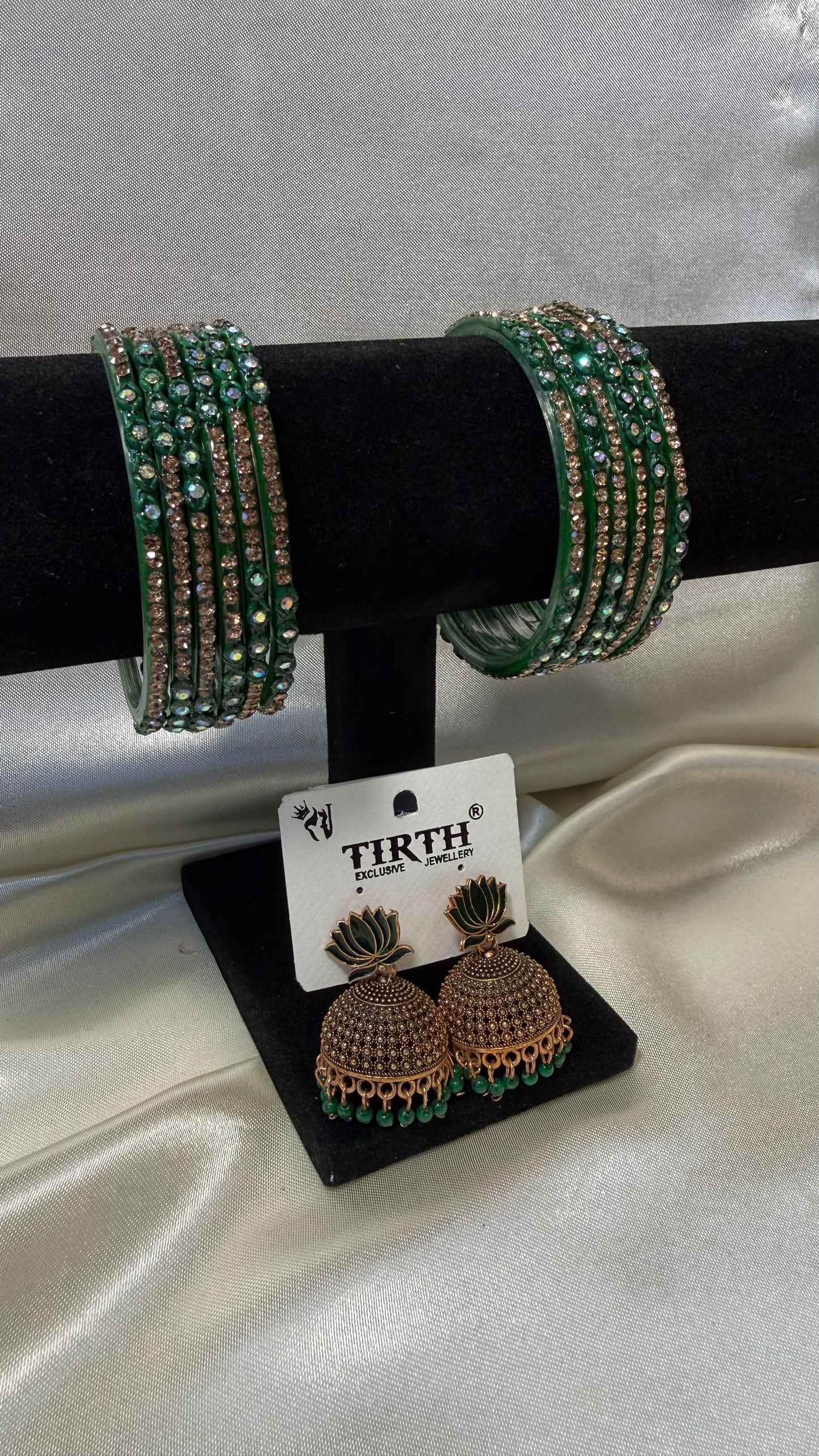Green Glass Bangle and Matching Jhumka Set