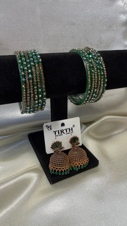 Green Glass Bangle and Matching Jhumka Set