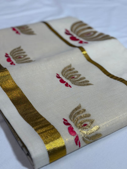 Red Lotus Cotton Set Saree with Gold Detailing