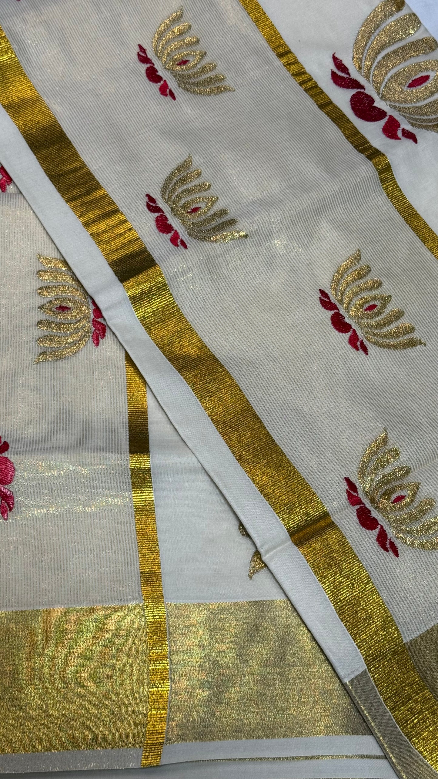 Red Lotus Cotton Set Saree with Gold Detailing