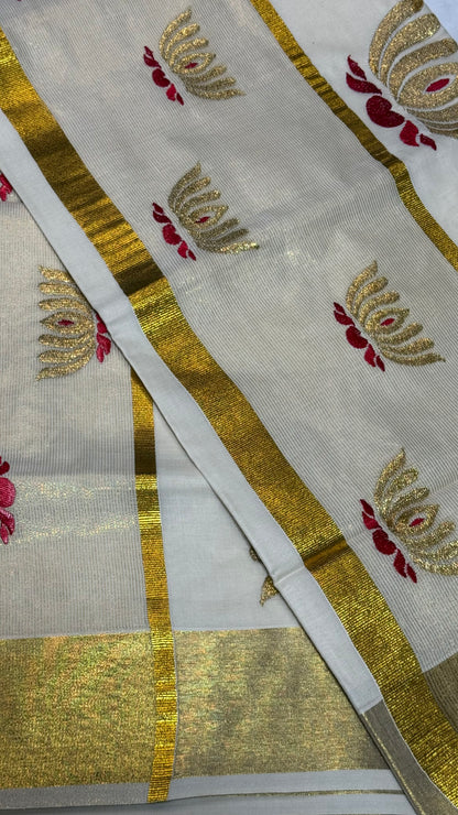 Red Lotus Cotton Set Saree with Gold Detailing