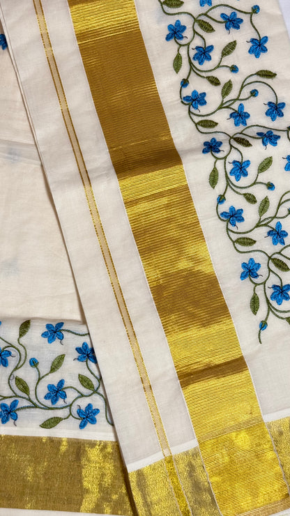 Blue Floral Embroidered Set Saree