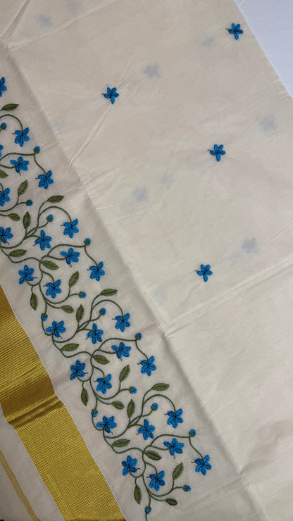 Blue Floral Embroidered Set Saree