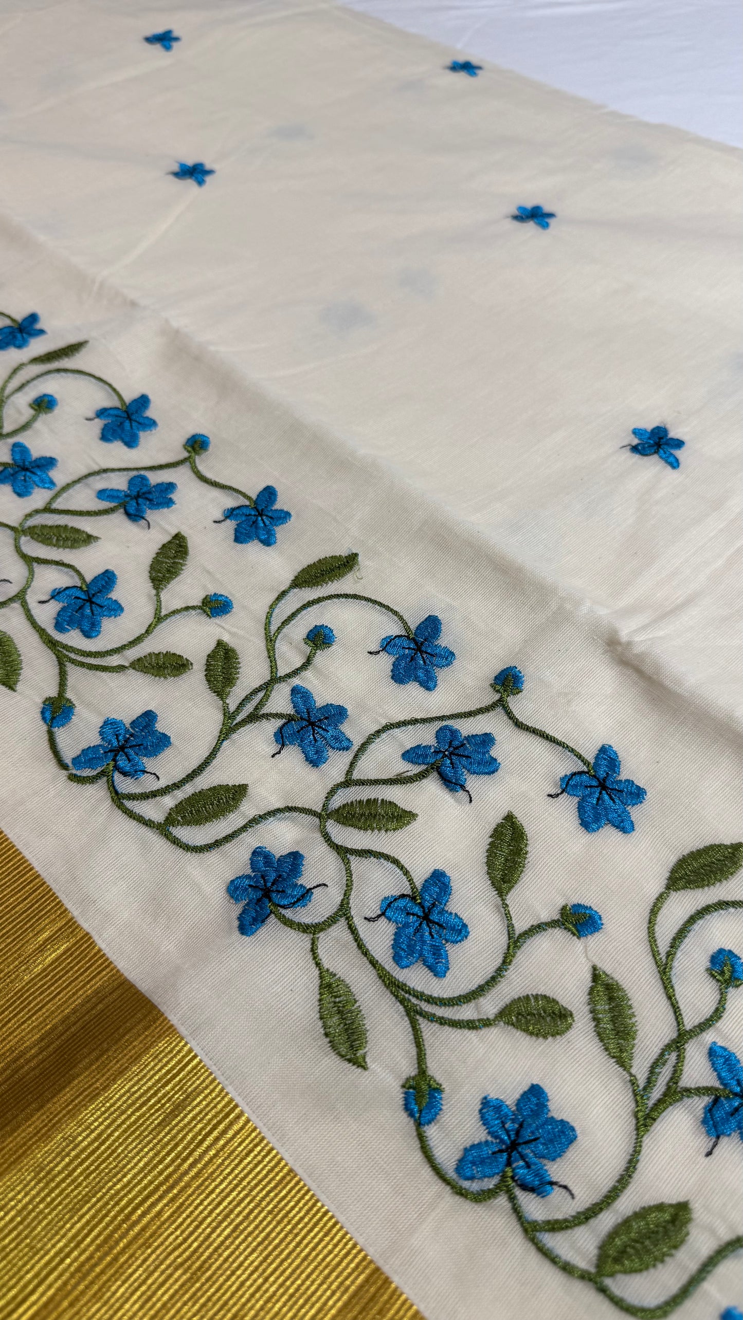Blue Floral Embroidered Set Saree