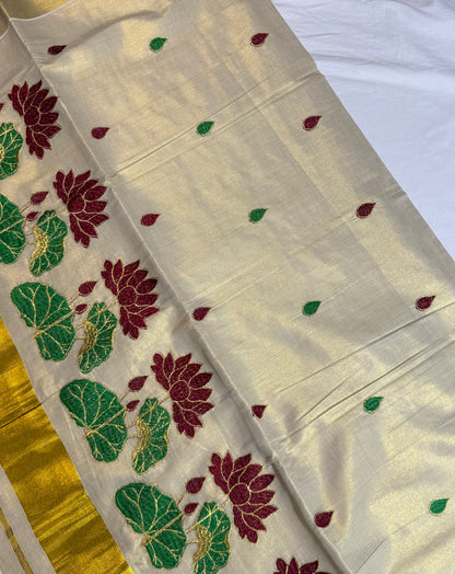Lotus & Lotus Leaf Motif Tissue Onam Set Saree with Gold Border