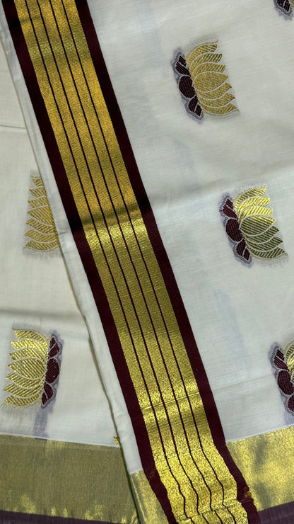 Gold Lotus Cotton Set Saree with Burgundy Leaf Motifs