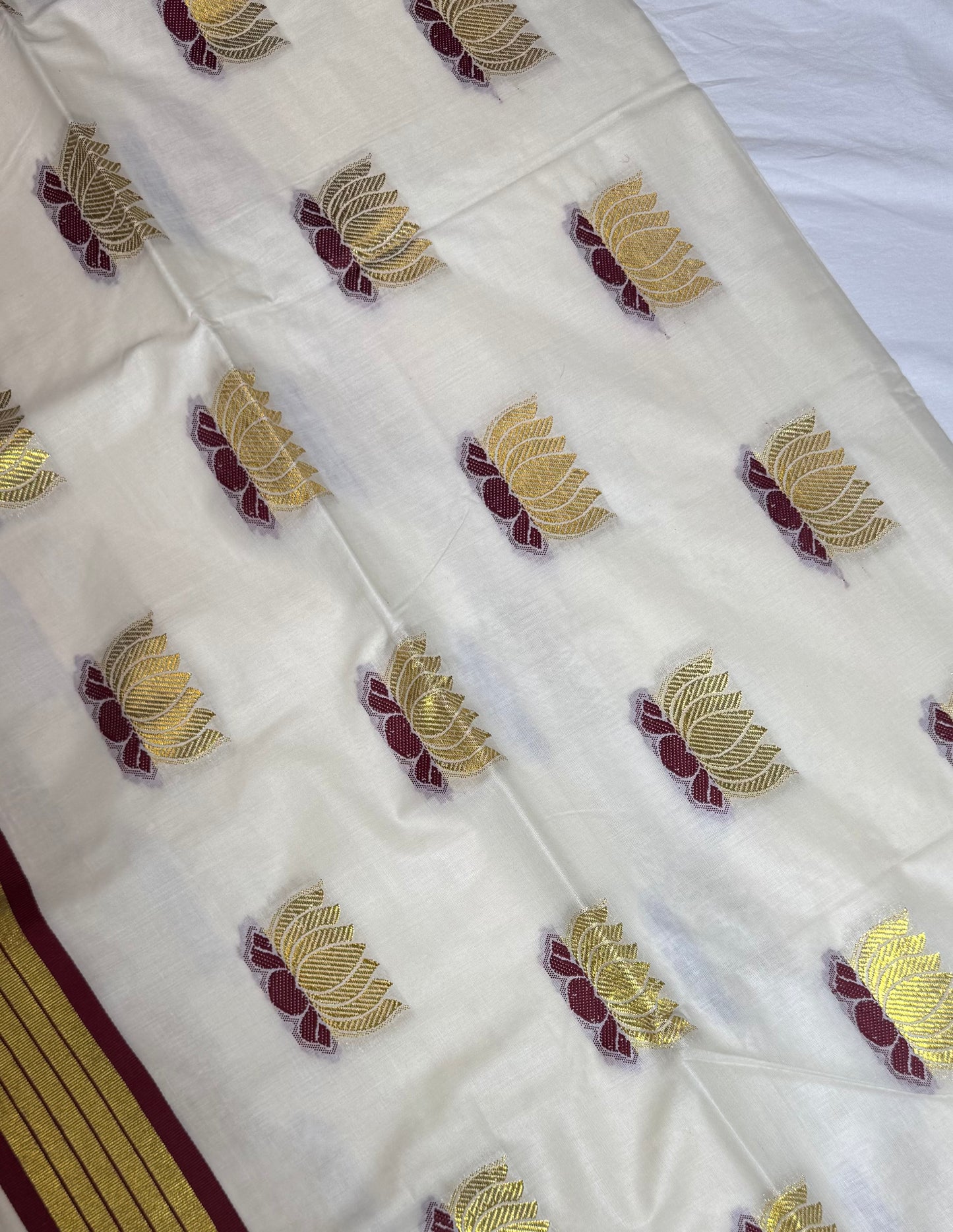 Gold Lotus Cotton Set Saree with Burgundy Leaf Motifs