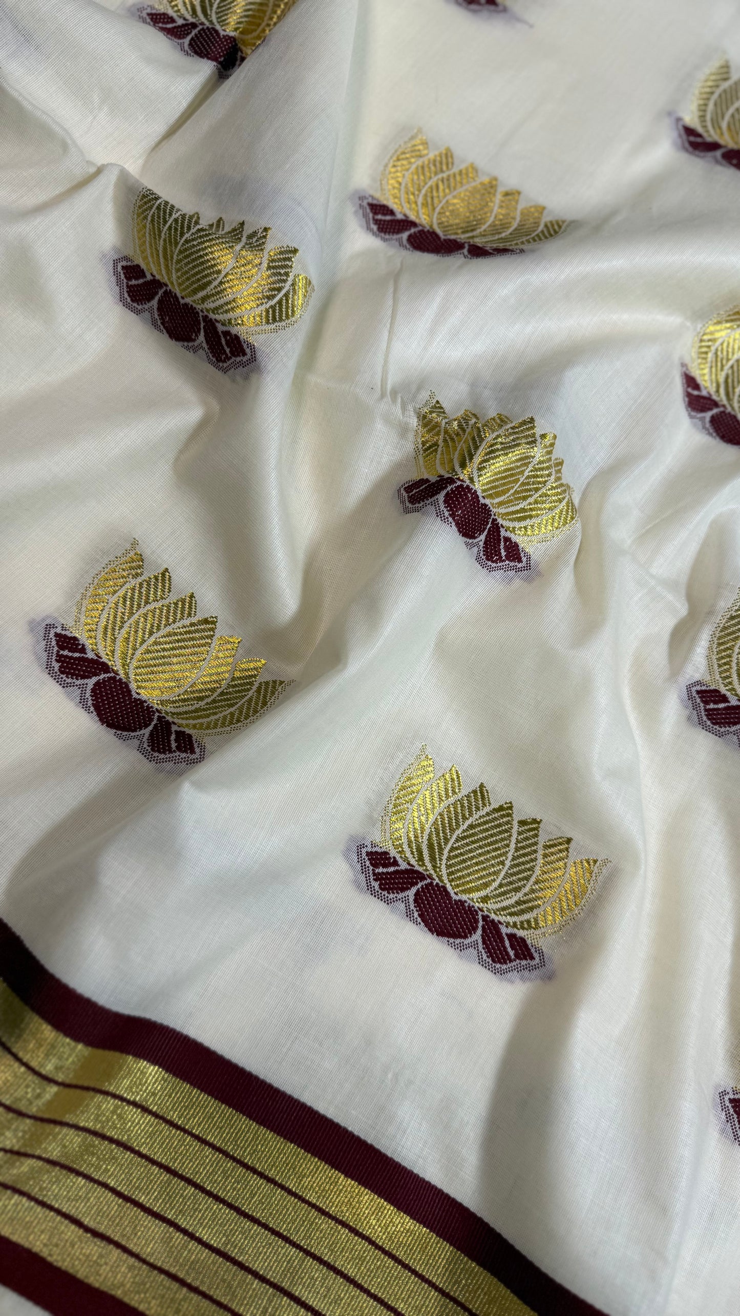 Gold Lotus Cotton Set Saree with Burgundy Leaf Motifs