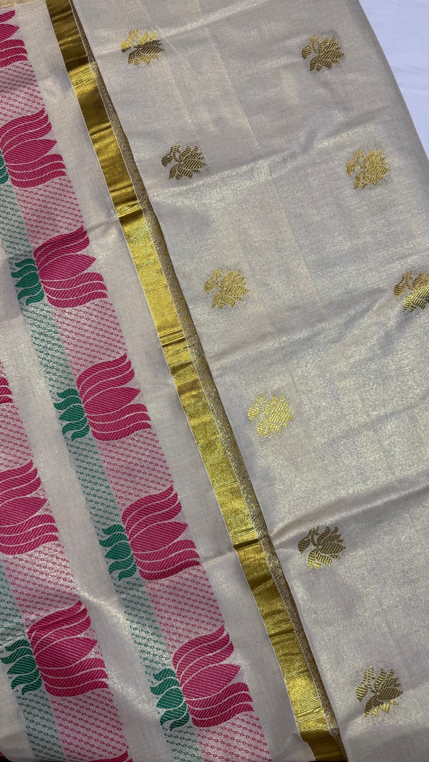 Pink Lotus Motif Tissue Set Saree with Gold Border
